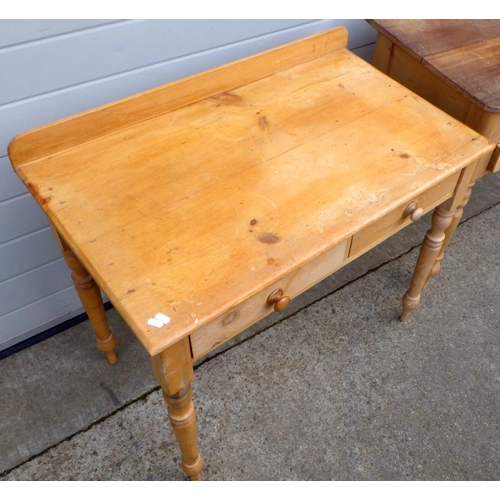 847 - A stripped pine two drawer side table, together with a pine side table with hardwood top, 123cm wide... 