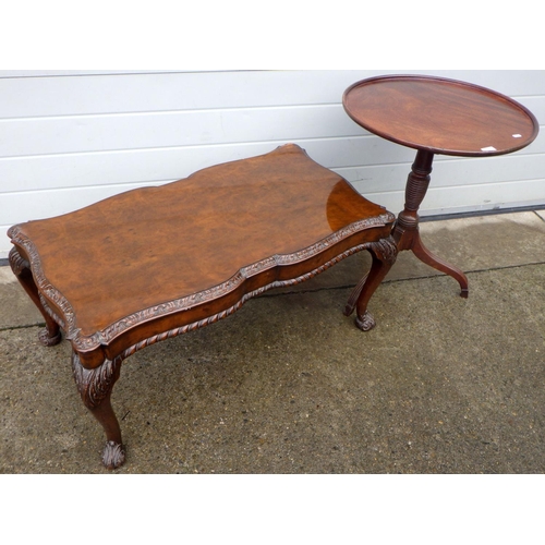 833 - A 1930's walnut coffee table on cabriole legs, with shaped glass top, 94cm long together with a maho... 