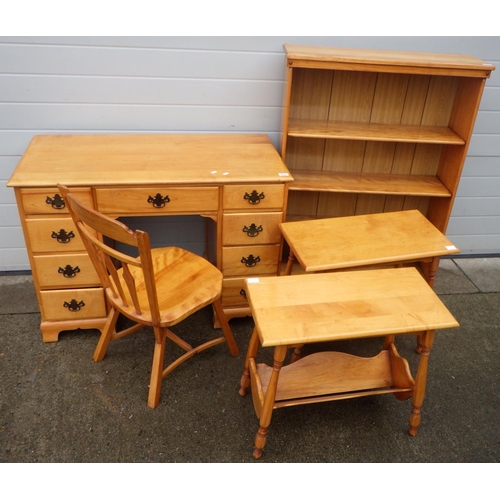 857 - A satinwood kneehole desk, 107cm wide, an open low bookcase, chair & two side tables with book troug... 
