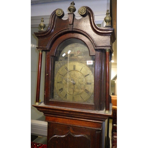 906 - A 19th cen oak longcase clock, with brass face, Michael,  Heaton in different script & 30 hour movem... 