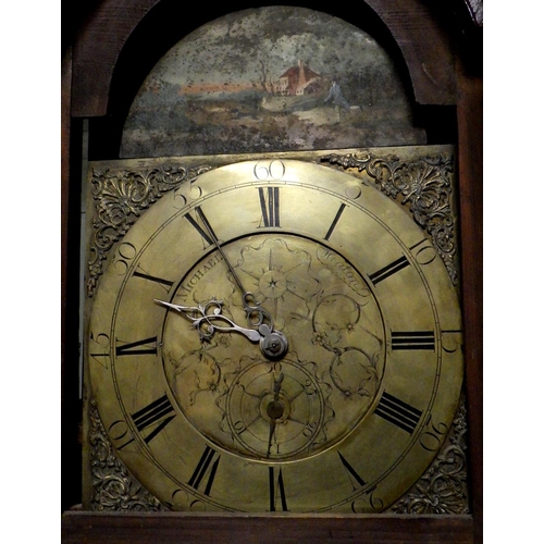 906 - A 19th cen oak longcase clock, with brass face, Michael,  Heaton in different script & 30 hour movem... 