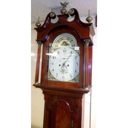 907 - A mahogany, 8 day,  longcase clock with painted face, B. Popplewell, Bridlington, crack to base, wit... 