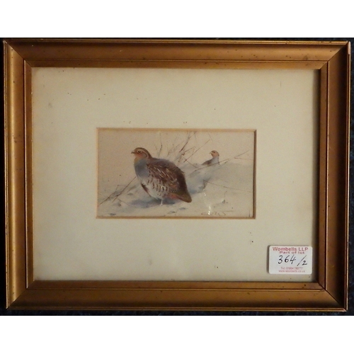 364 - Rabbits in a hedge and Partridges in the snow, a pair of game watercolour paintings, Charles Whymper... 