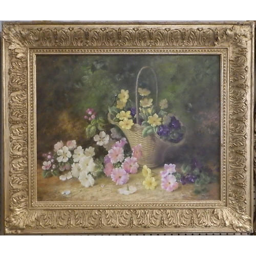366 - Still life flowers and a basket, painting on board Robert Caspers.  49 x 39cm within gilt frame.