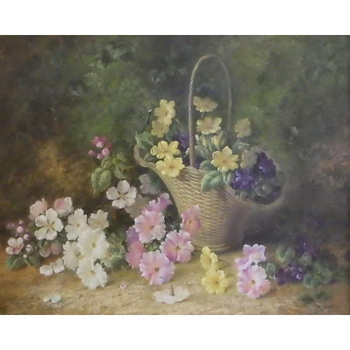366 - Still life flowers and a basket, painting on board Robert Caspers.  49 x 39cm within gilt frame.