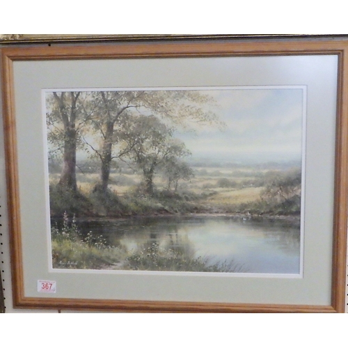 367 - Landscape view across water, watercolour painting Hillary Scoffield, 48 x 35cm within mount and fram... 