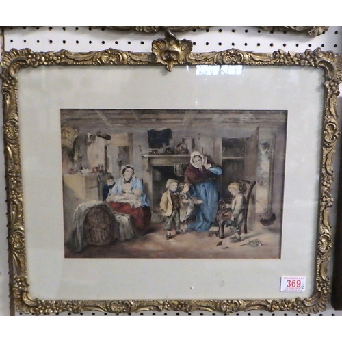 369 - A country kitchen conversation piece, unsigned Victorian watercolour, 33 x 22cm within mount and gil... 