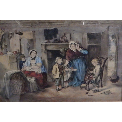 369 - A country kitchen conversation piece, unsigned Victorian watercolour, 33 x 22cm within mount and gil... 