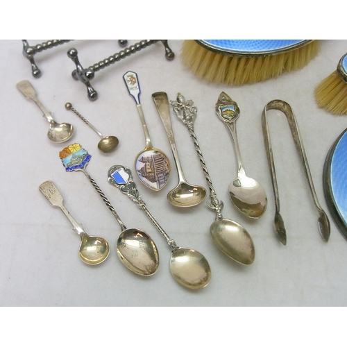 5 - A silver and blue enamel part brush set comprising two brushes and a mirror; silver and other flatwa... 