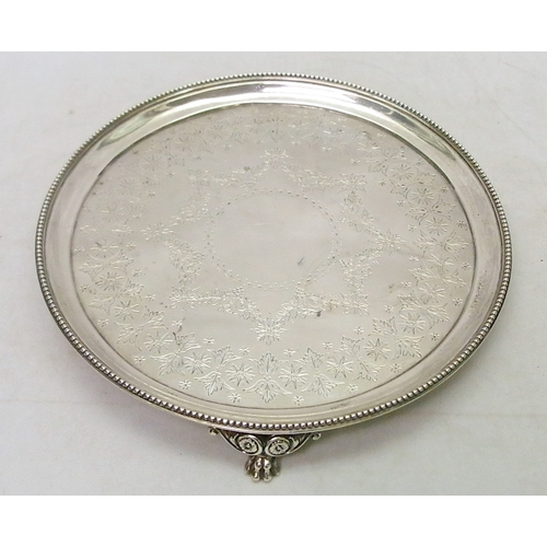 32262
A Victorian silver waiter having engraved plate and standing on claw and scroll feet, Barnard & Sons Ltd, London 1870.  228mm diameter / 390g