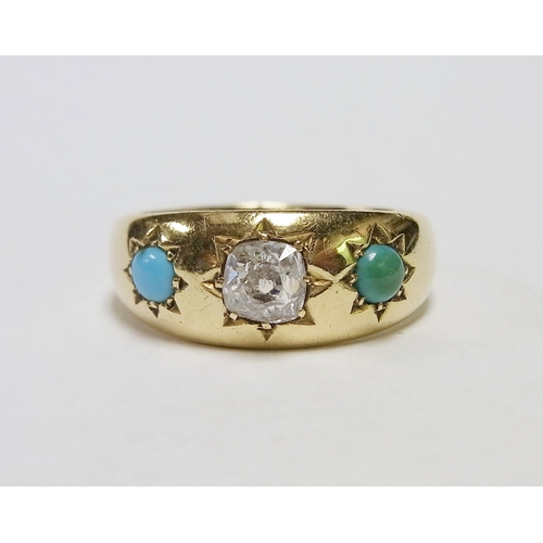36 - A trilogy band ring, 18ct gold set with a central old cut diamond and two turquoise.  Central stone ... 