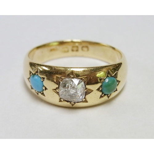 36 - A trilogy band ring, 18ct gold set with a central old cut diamond and two turquoise.  Central stone ... 