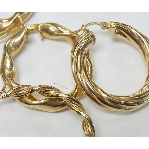 78 - Three pairs of hoop-shaped twist earrings, 9ct gold.  The largest 35mm diameter / 8g