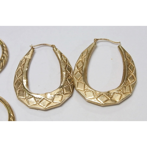 79 - Four pairs of hoop earrings, 9ct gold, incl a/f; a pair of unmarked yellow metal droplet earrings.  ... 