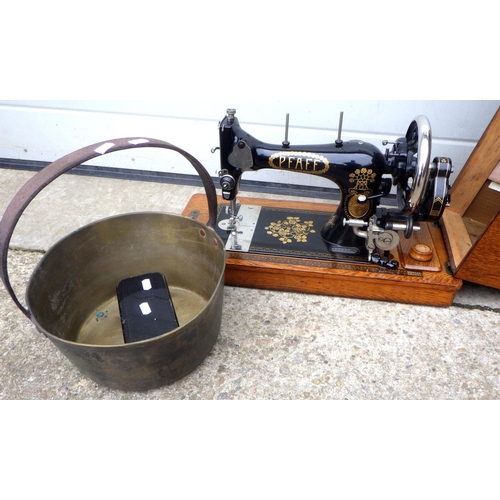 889 - A Pfaff cased sewing machine, case damaged together with a brass preserve pan (2)