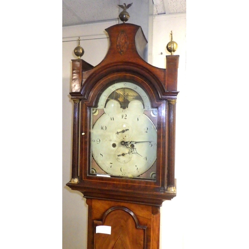 896 - A 19th cen longcase clock with Pagoda top, painted face with 8 day movement and moon roller, indisti... 