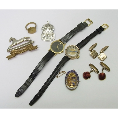 100 - A collectors' lot including a 9ct gold wire lug wristwatch, 25mm across case; a ladies Movado Museum... 