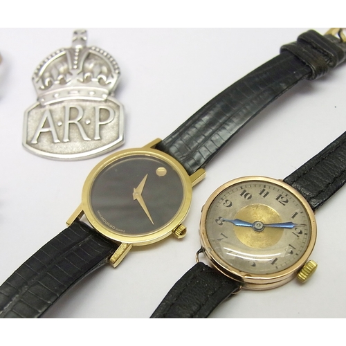 100 - A collectors' lot including a 9ct gold wire lug wristwatch, 25mm across case; a ladies Movado Museum... 