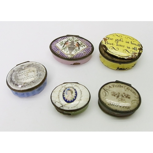 126 - Three enamel patch boxes incl one bearing the motto 