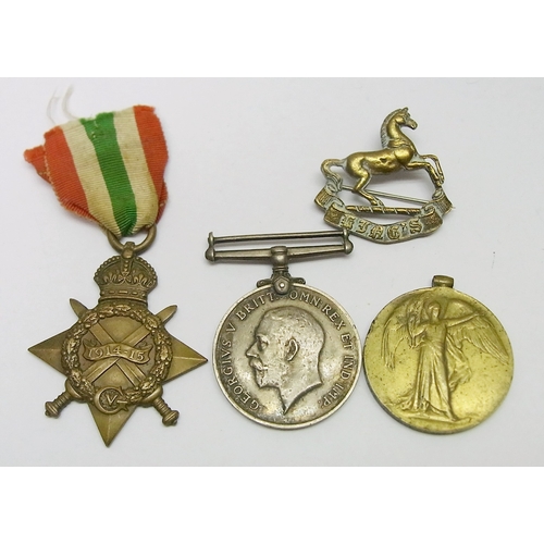 130 - A WW1 medal trio to 30424 Pte J McLaughlin Liverpool Regiment; a single WW1 British War Medal to Roy... 