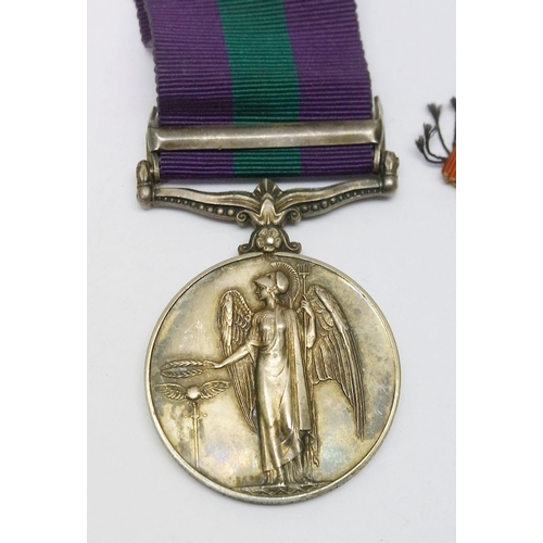 131 - A 1918 - 1962 George VI General Service Medal with Palestine 1945 - 48 clasp to 14045755 Pte J E Cla... 