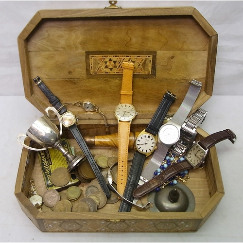 98 - Wristwatches, coins, costume jewellery a silver miniature trophy cup etc presented in a Damascus inl... 