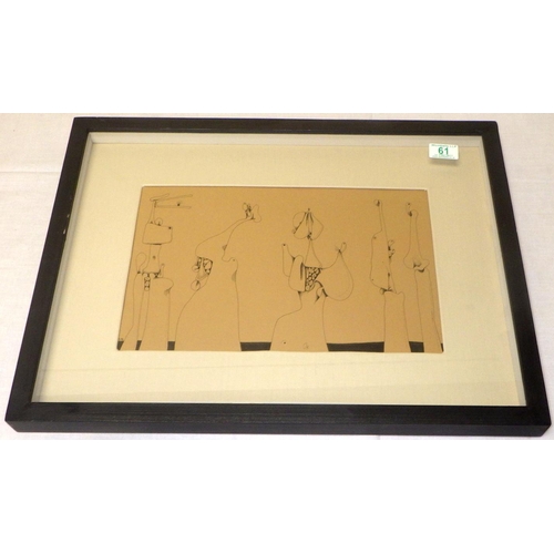 61 - Desmond Morris, ink drawing of abstract forms, signed with initials and dated '94. Framed, 23x37cm.
... 