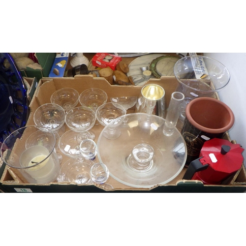 16 - Four boxes of misc glassware, two serving trays, dolls etc (4)