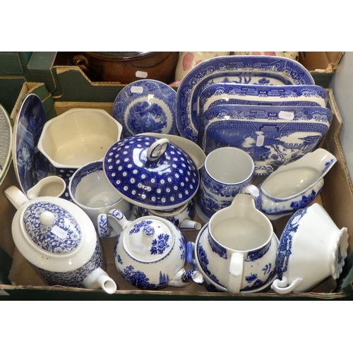 17 - Two boxes of misc ceramics to include teapots, pr Staffordshire dogs, Art pottery crock pot, Wedgwoo... 