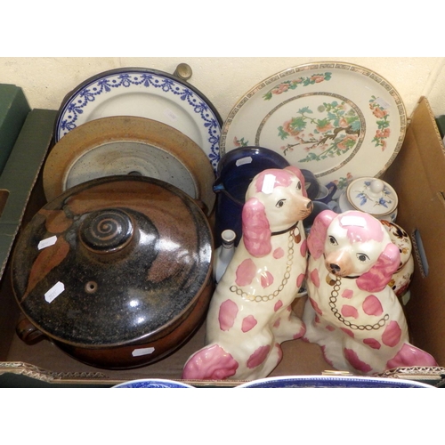 17 - Two boxes of misc ceramics to include teapots, pr Staffordshire dogs, Art pottery crock pot, Wedgwoo... 
