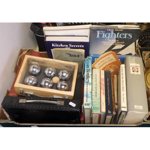 24 - Two boxes of misc collectables to include glass, metal wares London glass dome clock, books, ties, b... 