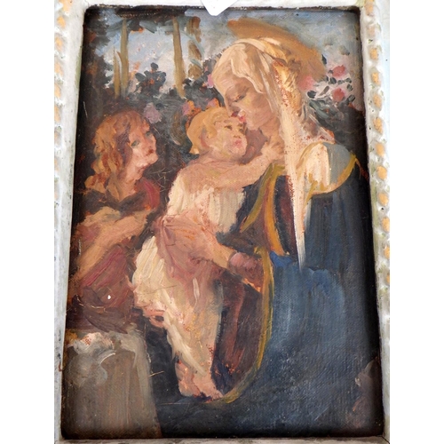 52 - An oil on canvas of Madonna and child, bearing label for Jamea Bouelet framers & Mrs Agazarian to th... 