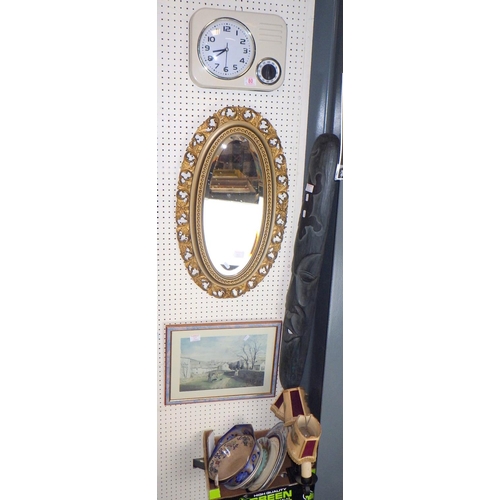 80 - A small group of misc plates together with an African mask, print, mirror and a wall clock (qty)