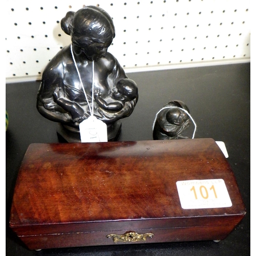 101 - A small 19thC mahogany dome top box together with a cast metal bust of a mother feeding and a small ... 