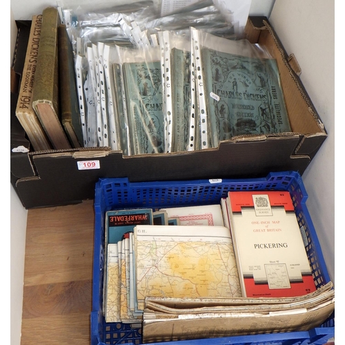 109 - A group of Charles Dickens interest magazines and books together with a small qty of Ordnance survey... 