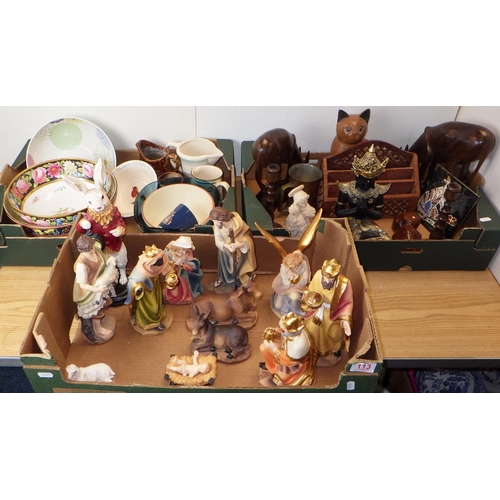 113 - Three boxes of misc collectables to inc Spode bowl, carved animal figures, resin nativity etc (3)