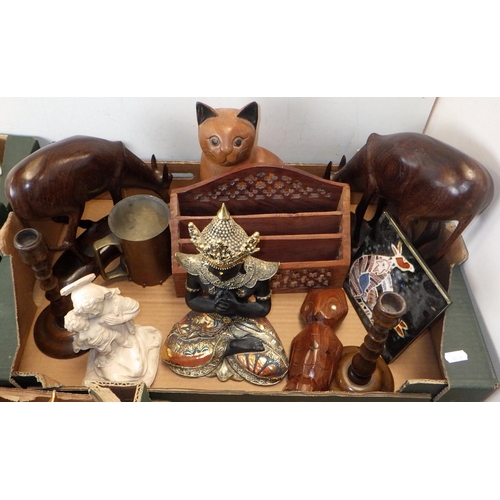 113 - Three boxes of misc collectables to inc Spode bowl, carved animal figures, resin nativity etc (3)