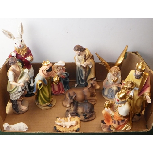 113 - Three boxes of misc collectables to inc Spode bowl, carved animal figures, resin nativity etc (3)