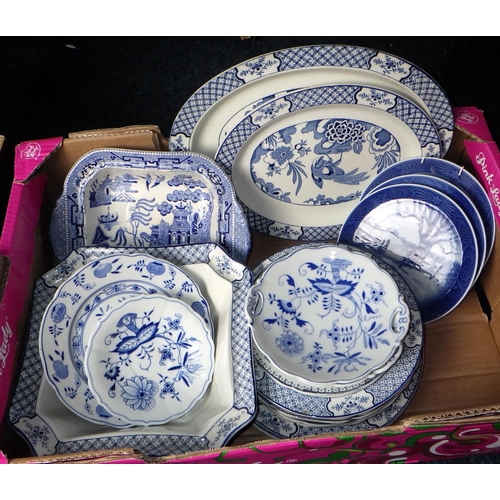 115 - Two boxes of misc blue & white table ware to inc Meissen, Meibloem dinner ware etc (2)