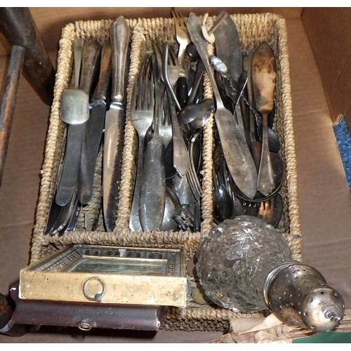 116 - A qty of silver plated cutlery, stool, mirror etc