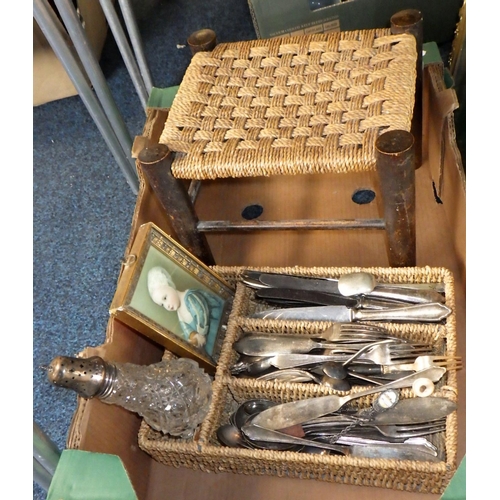 116 - A qty of silver plated cutlery, stool, mirror etc