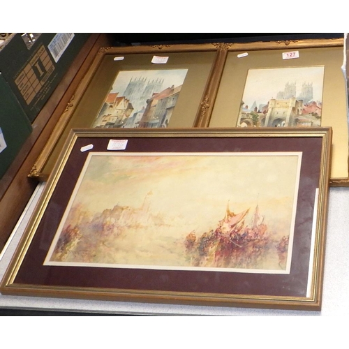 127 - A pair of York interest watercolours C J Norton together with an unsigned Venetian ? scene watercolo... 