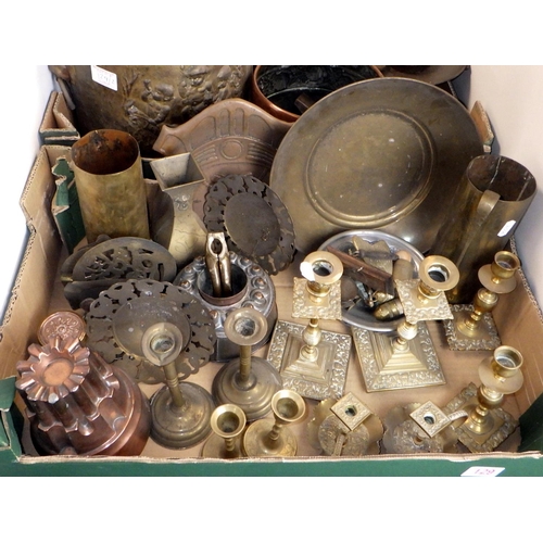 129 - Two boxes of misc metal wares to inc brass candlesticks, chargers etc (2)