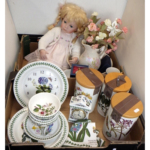 132 - A qty of Portmeirion Botanics ceramics, doll, jug & bowl, modern pocket watches etc