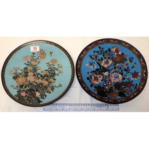 95 - Two Japanese cloisonne chargers 30cm diameter