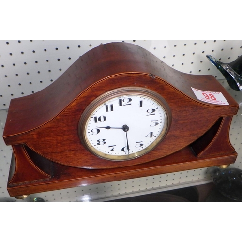 98 - An Edwardian inlaid mantle clock with Buren Swiss movement 15cm tall