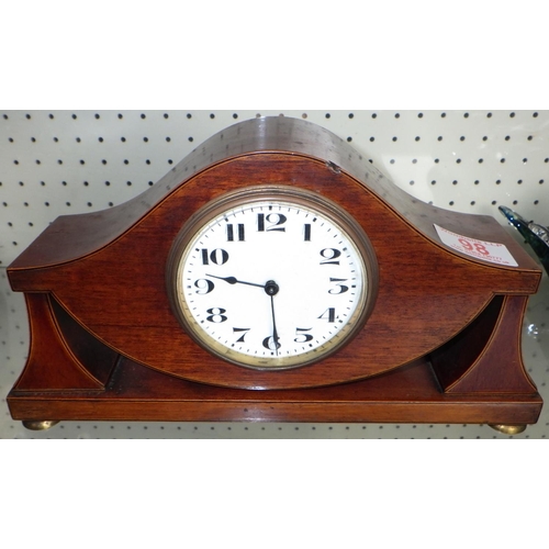 98 - An Edwardian inlaid mantle clock with Buren Swiss movement 15cm tall