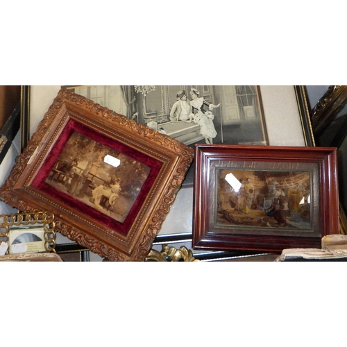 161 - A group of four French woven silk pictures, two Crystoleum prints, small chain link frame, small gil... 