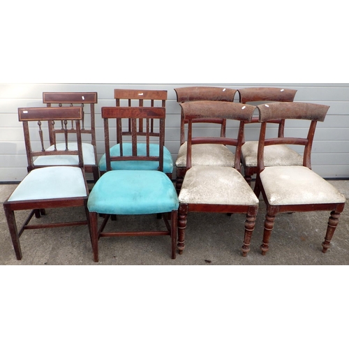 711 - A set of four 19th cen tablet back dining chairs, old worm to stretchers, together with two pairs of... 