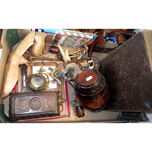 186 - A qty of misc wooden and metal wares, fishing basket etc (3)